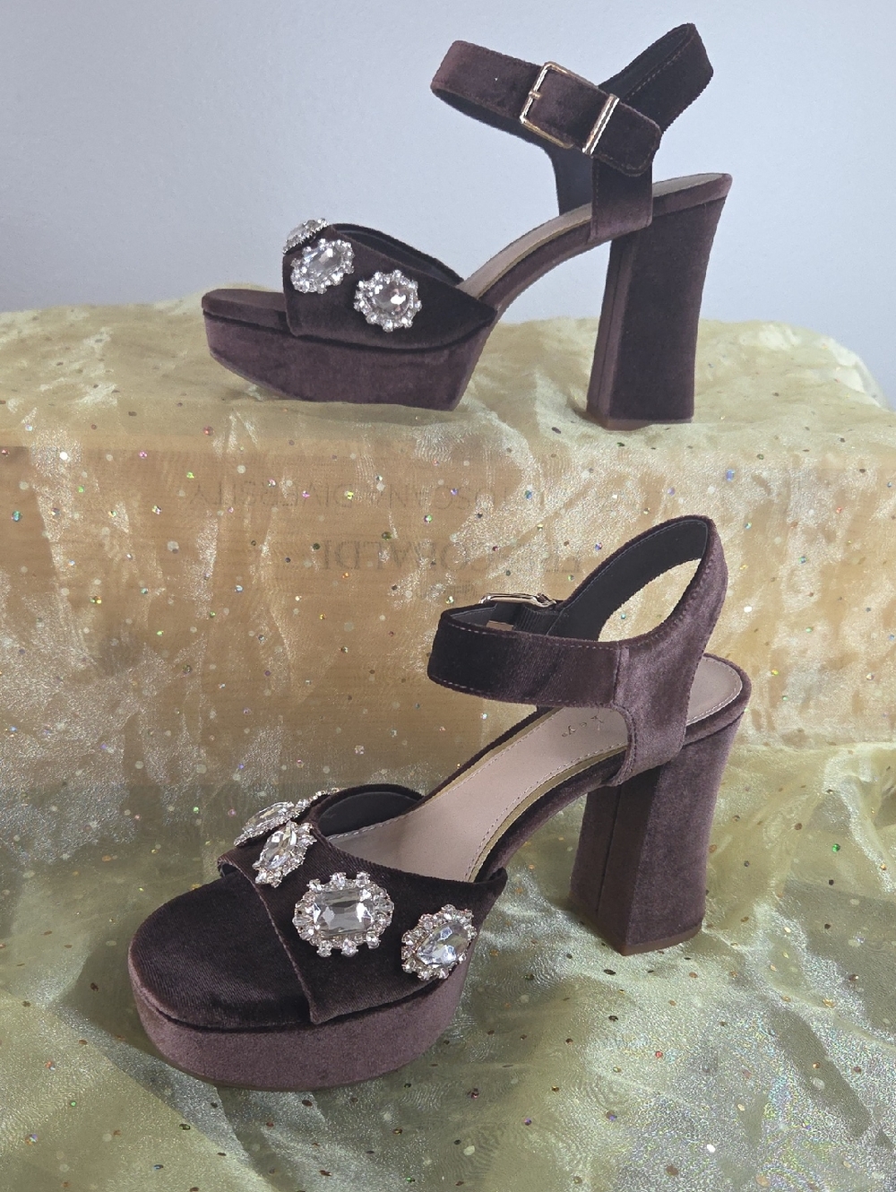 Copper Key Trending Dark Brown Velvet Platform Sandals with Crystal Accents 8.5M